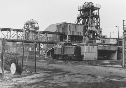 Ashby Road: Snibston Mine. View of the yard and railway sidings with a Hunslet engine.