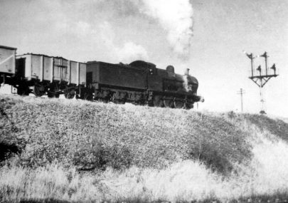 Goods train on the railway embankment at Hugglescote